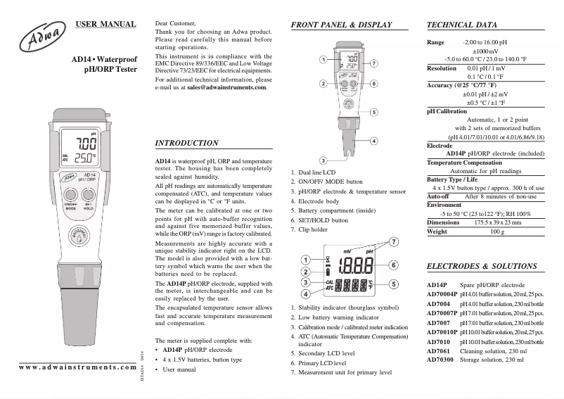 Imagen de la primera página del manual del dispositivo AD14