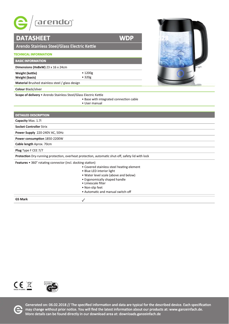 Página 1 del manual Ficha técnica Arendo Primewater 300528