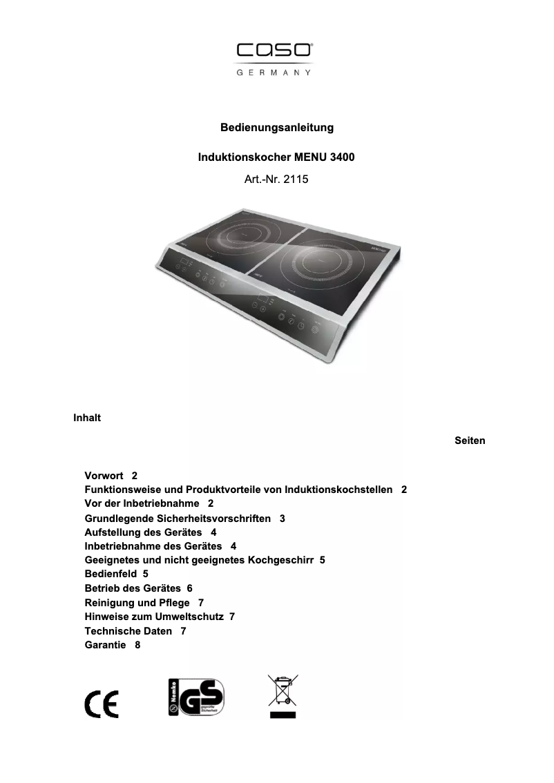 Imagen de la primera página del manual del dispositivo Menu 3400