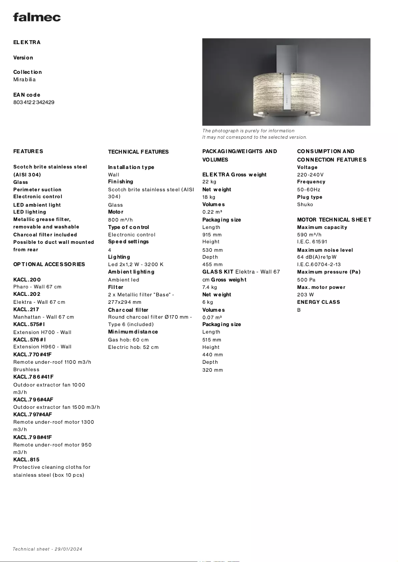 Página 1 del manual Ficha técnica Falmec Elektra
