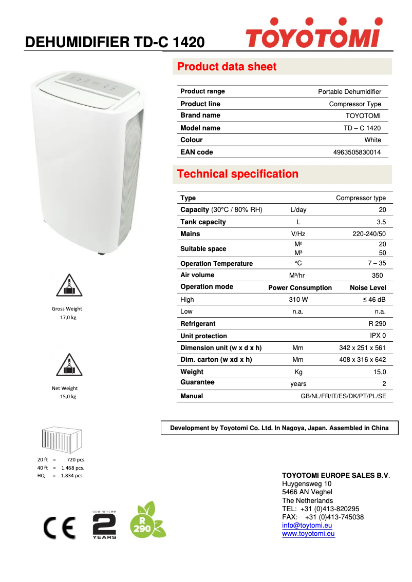 Página 1 del manual Ficha técnica Toyotomi TD-C1420