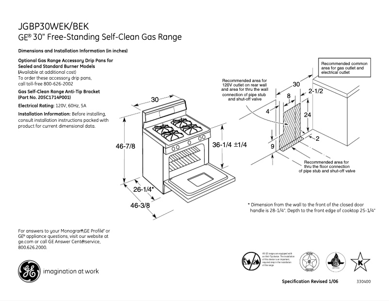 Página 1 del manual Ficha técnica GE JGBP30WEKWW