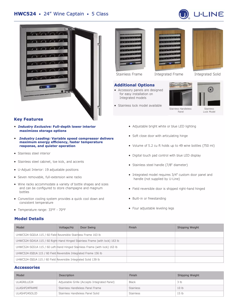 Página 1 del manual Ficha técnica U-Line UHWC524-SG41A