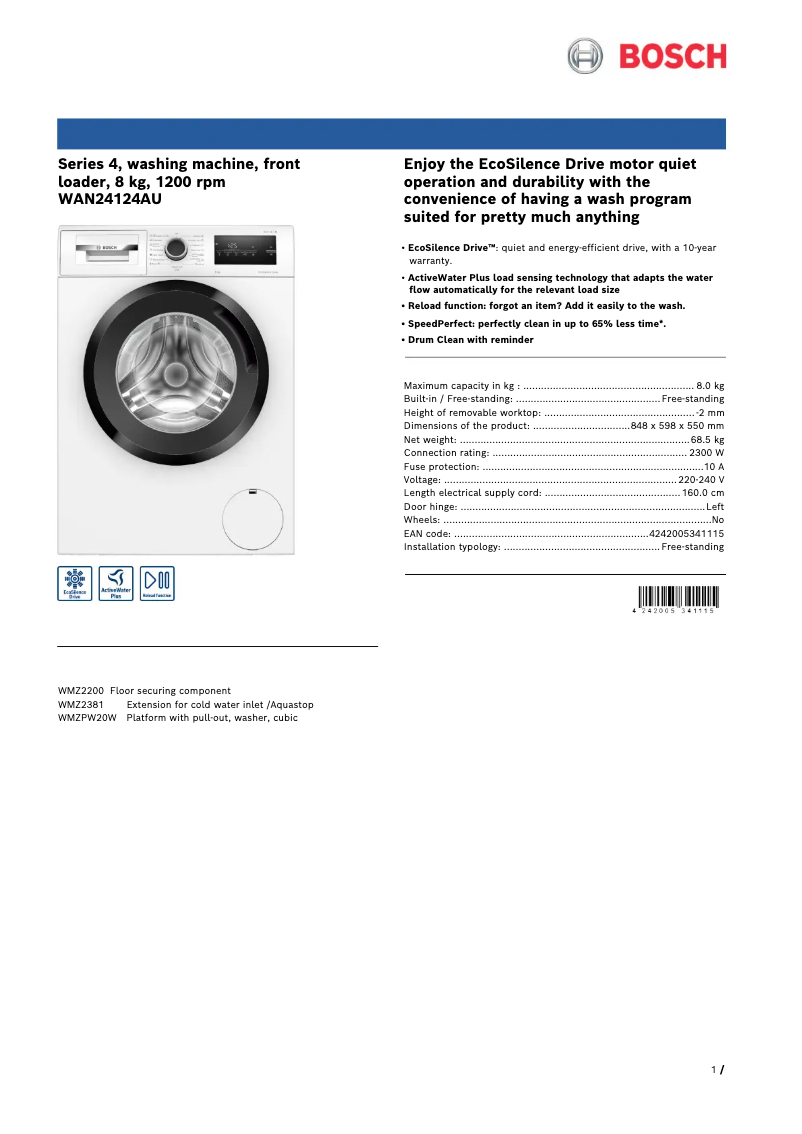 Página 1 del manual Ficha técnica Bosch WAN24124AU