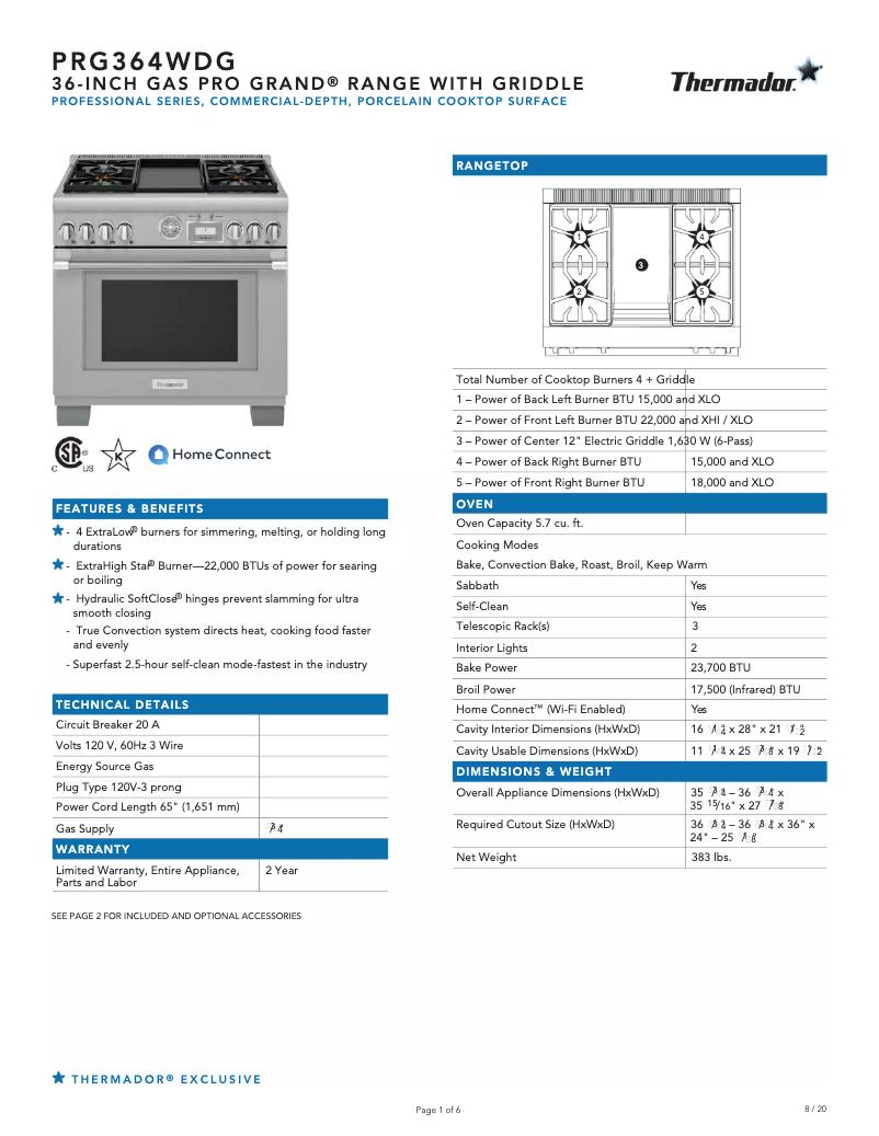 Página 1 del manual Ficha técnica Thermador PRG364WDG