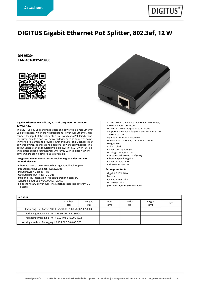 Página 1 del manual Ficha técnica Digitus DN-95204