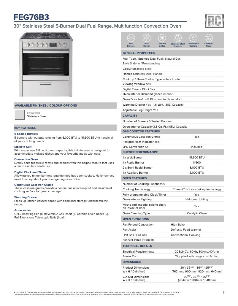 Página 1 del manual Ficha técnica Porter & Charles FEG76B3