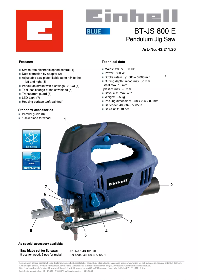 Página 1 del manual Ficha técnica Einhell BT-JS 800 E