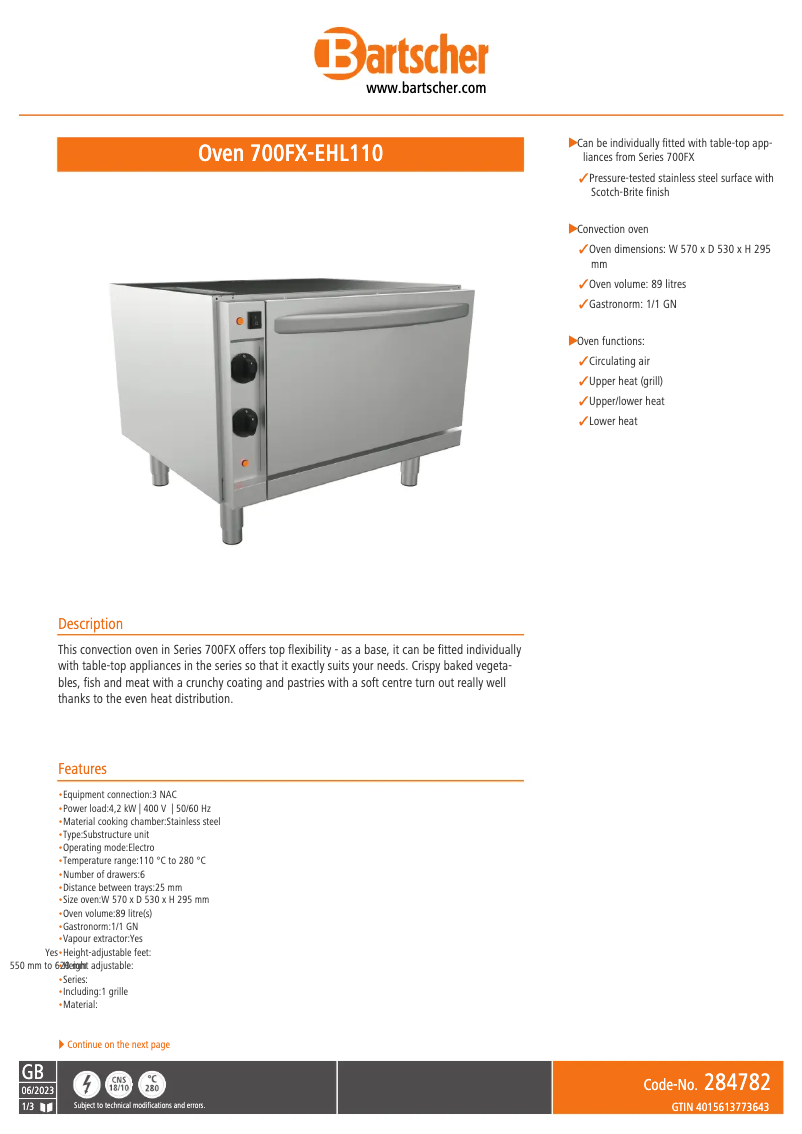 Página 1 del manual Ficha técnica Bartscher 700FX-EHL110