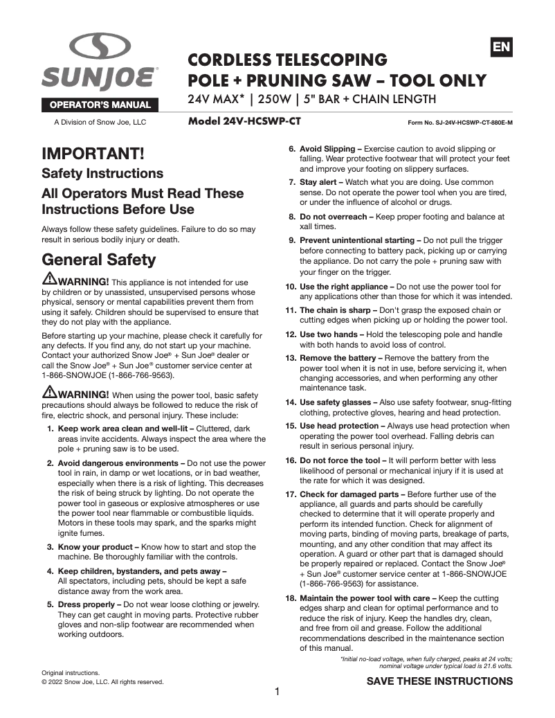 Página 1 del manual Manual de usuario Sun Joe 24V-HCSWP-CT