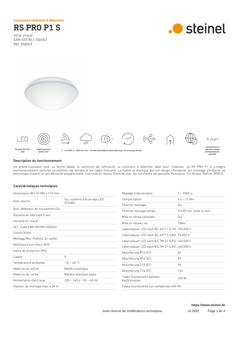 Página 1 del manual Ficha técnica Steinel RS PRO P1 S