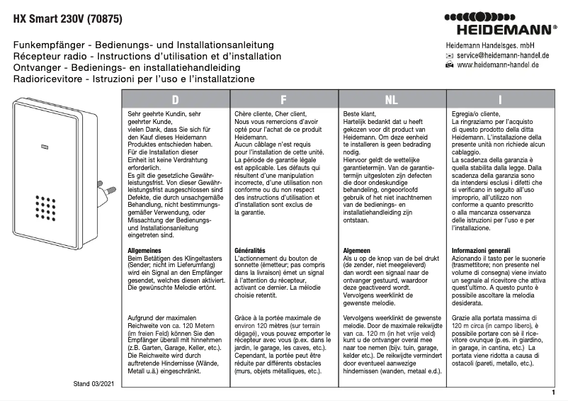 Imagen de la primera página del manual del dispositivo HX Smart 230V 70875