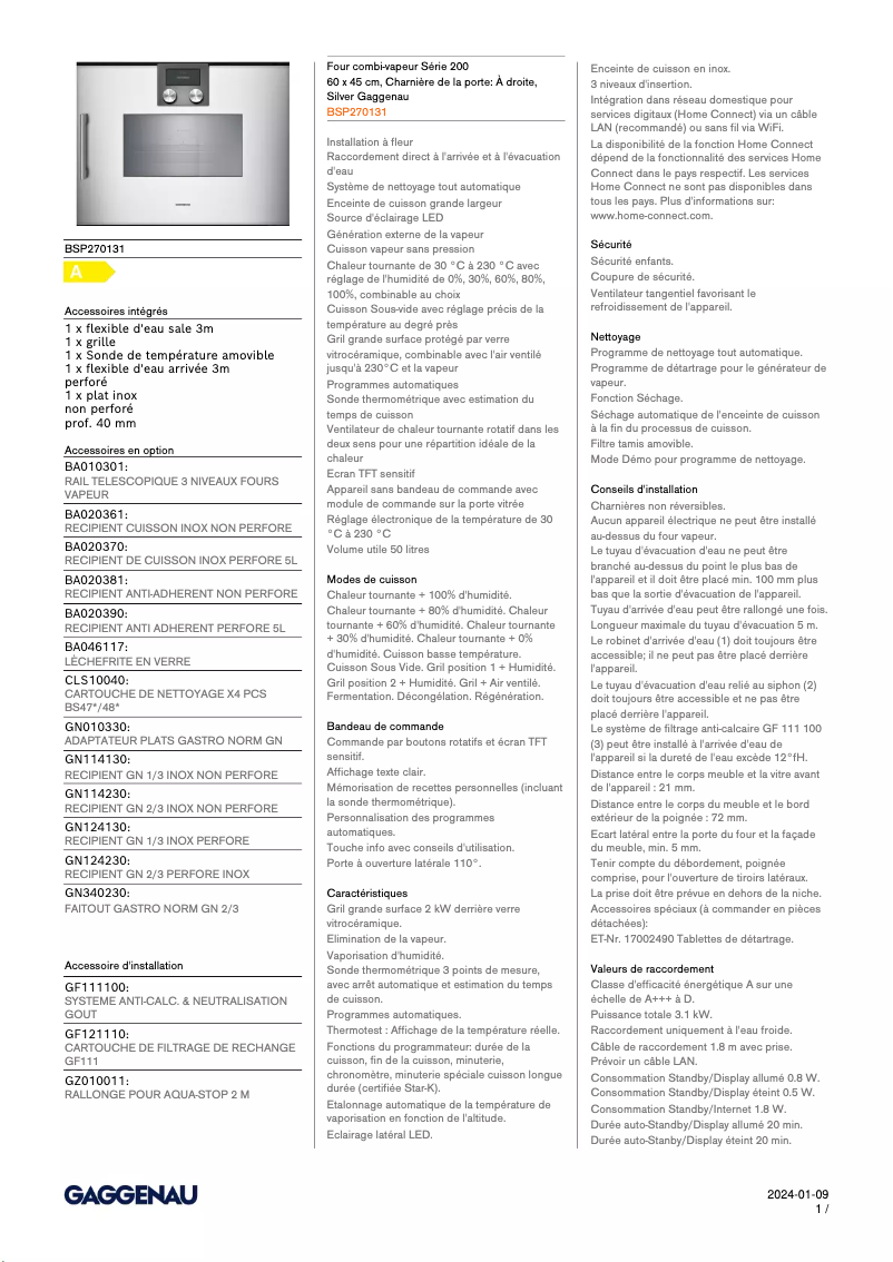 Página 1 del manual Ficha técnica Gaggenau BSP270131