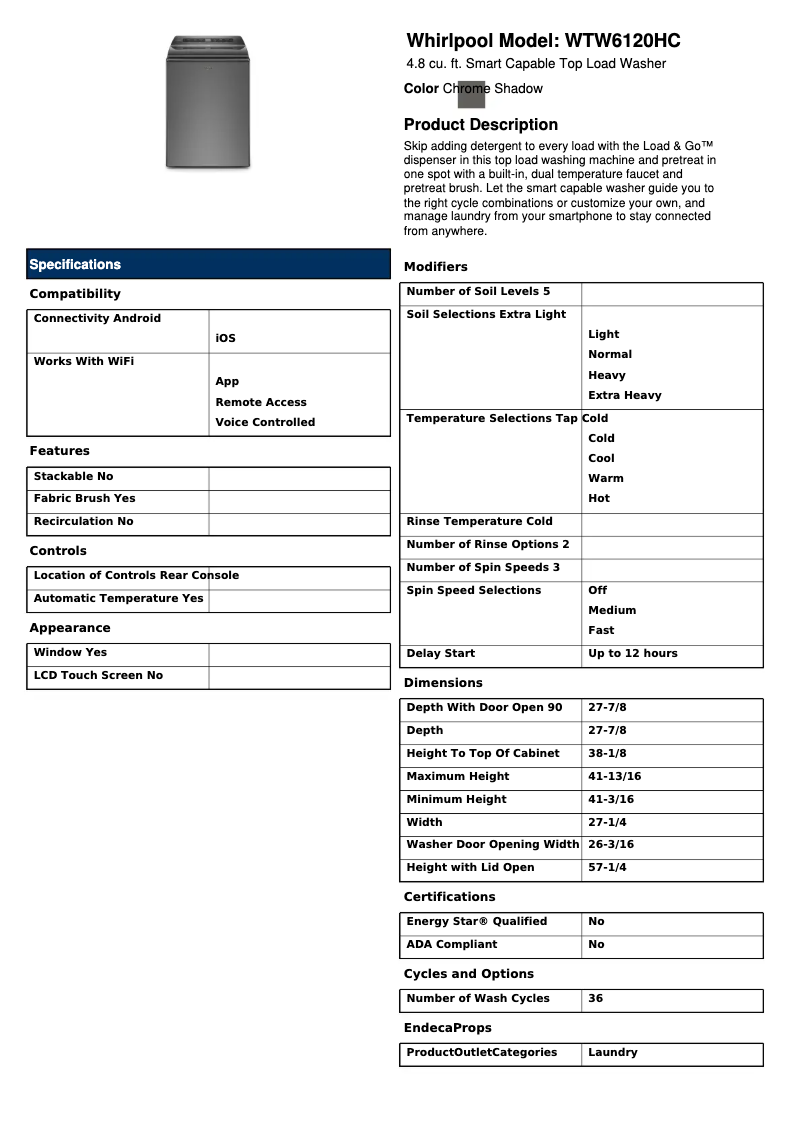 Página 1 del manual Ficha técnica Whirlpool WTW6120HC