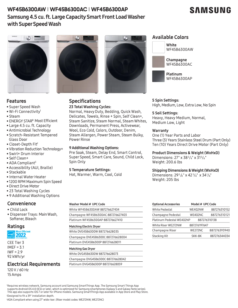 Página 1 del manual Ficha técnica Samsung WF45B6300AW