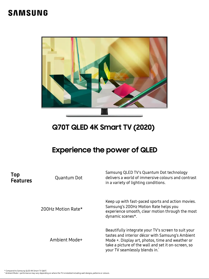 Página 1 del manual Ficha técnica Samsung QA65Q70TAWXXY