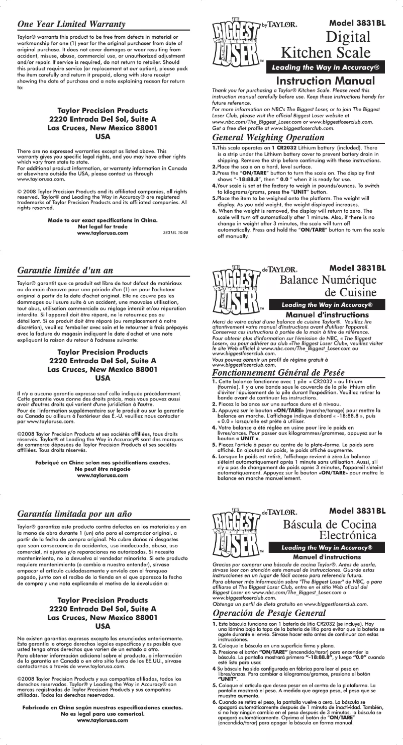 Imagen de la primera página del manual del dispositivo Biggest Loser 3831BL