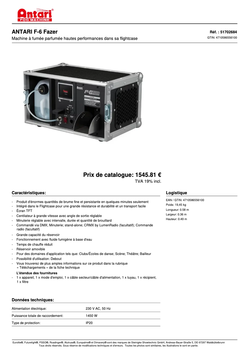 Página 1 del manual Ficha técnica Antari F-6 Fazer