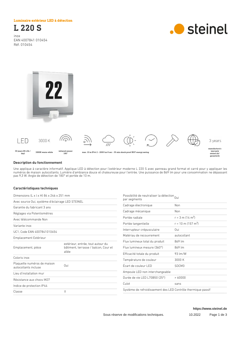 Página 1 del manual Ficha técnica Steinel L 220 S