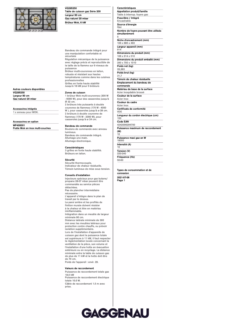 Página 1 del manual Ficha técnica Gaggenau VG295250