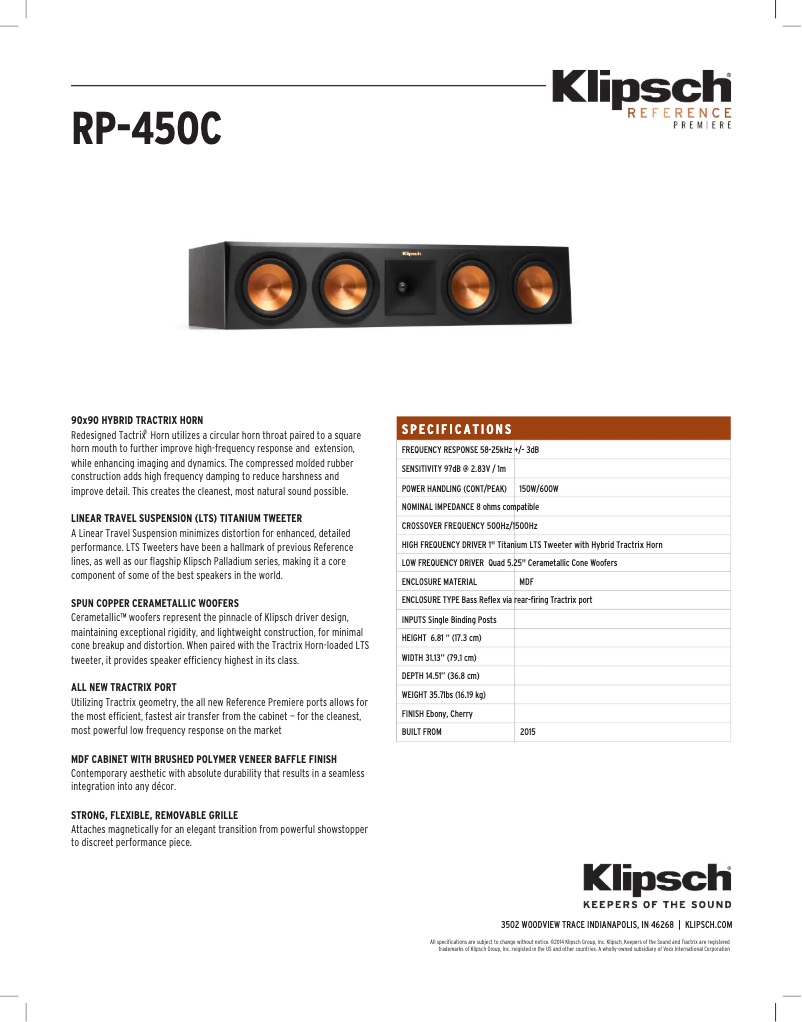 Página 1 del manual Ficha técnica Klipsch Reference Premiere RP-450C
