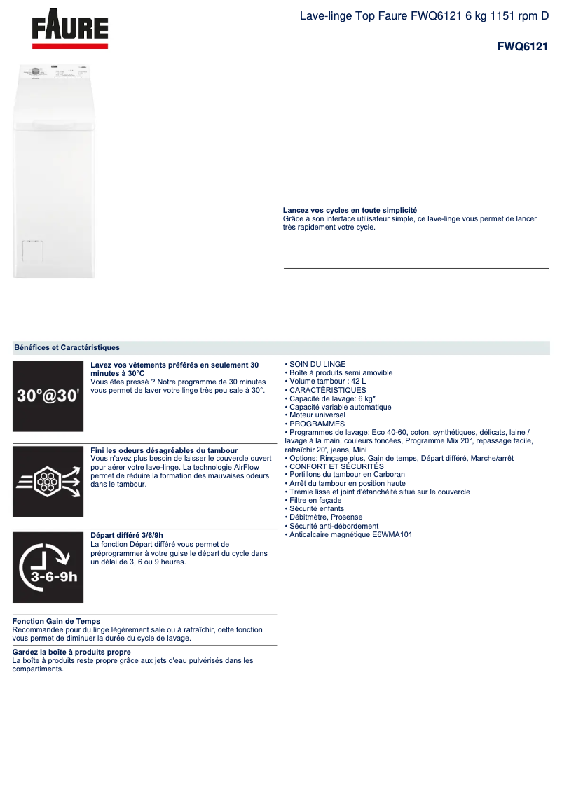 Página 1 del manual Ficha técnica Faure FWQ6121