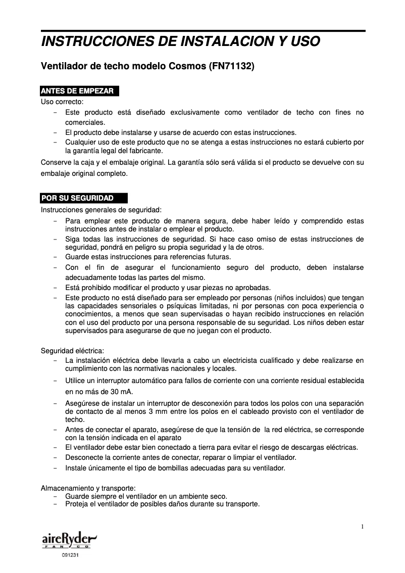 Imagen de la primera página del manual del dispositivo Cosmos