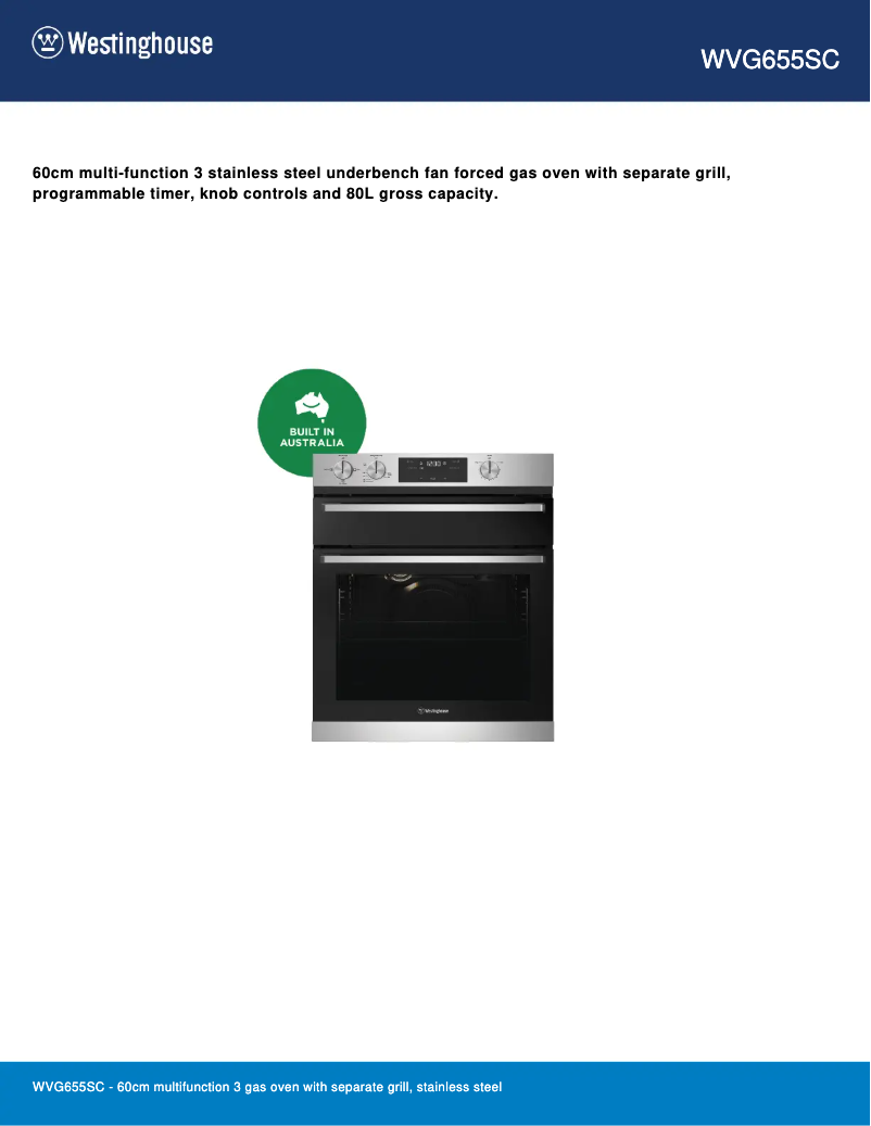Página 1 del manual Ficha técnica Westinghouse WVG655SC