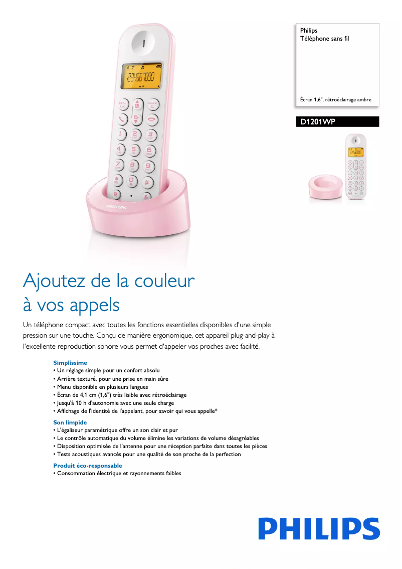 Página 1 del manual Ficha técnica Philips D1201WP
