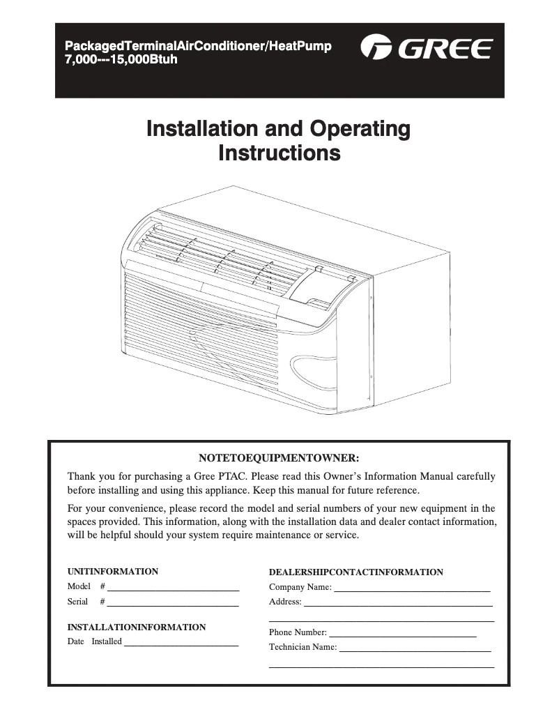 Imagen de la primera página del manual del dispositivo PTAC-GAA07AB-P
