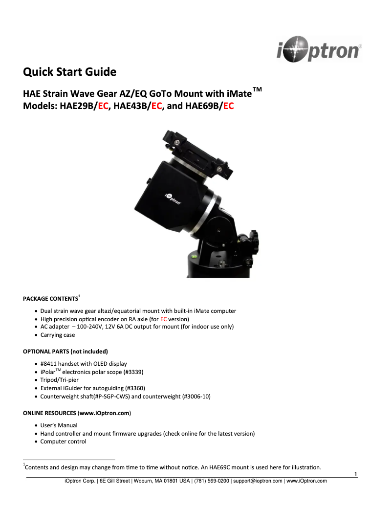 Página 1 del manual Guía de inicio rápido iOptron HAE29B