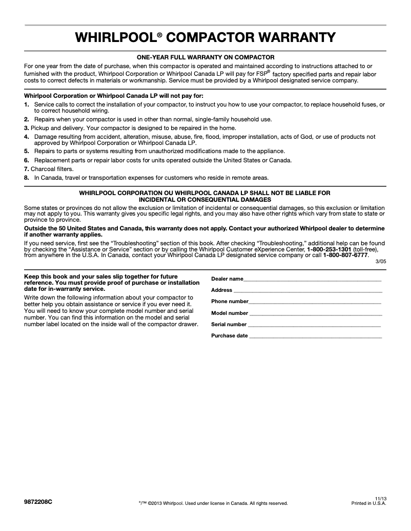 Página 1 del manual Información de garantía Whirlpool GX900QPPS