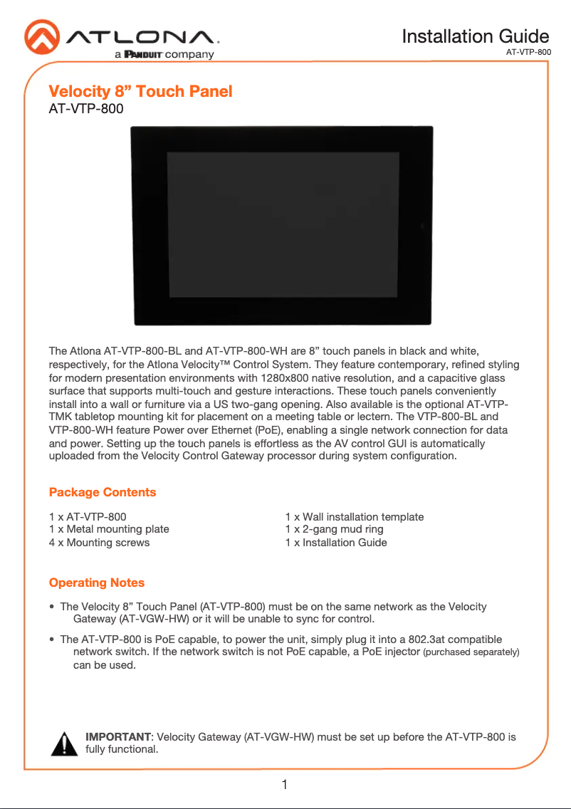 Imagen de la primera página del manual del dispositivo AT-VTP-800