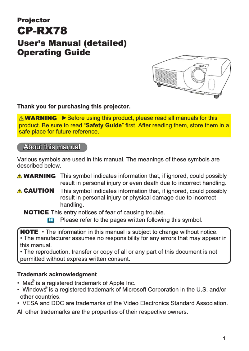 Página nº 1 - Manual de usuario Hitachi CP-RX78EF