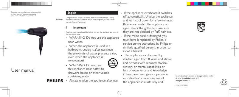 Imagen de la primera página del manual del dispositivo SalonDry Active ION HP8646