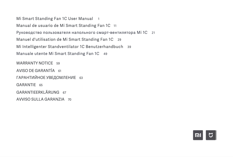 Imagen de la primera página del manual del dispositivo Mi Smart Standing Fan 1C