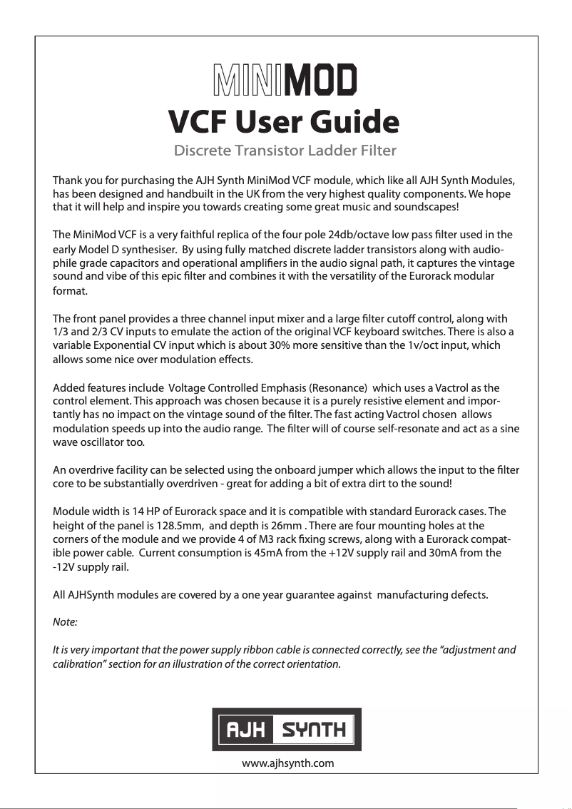 Página 1 del manual Manual de usuario AJH Synth MiniMod VCF