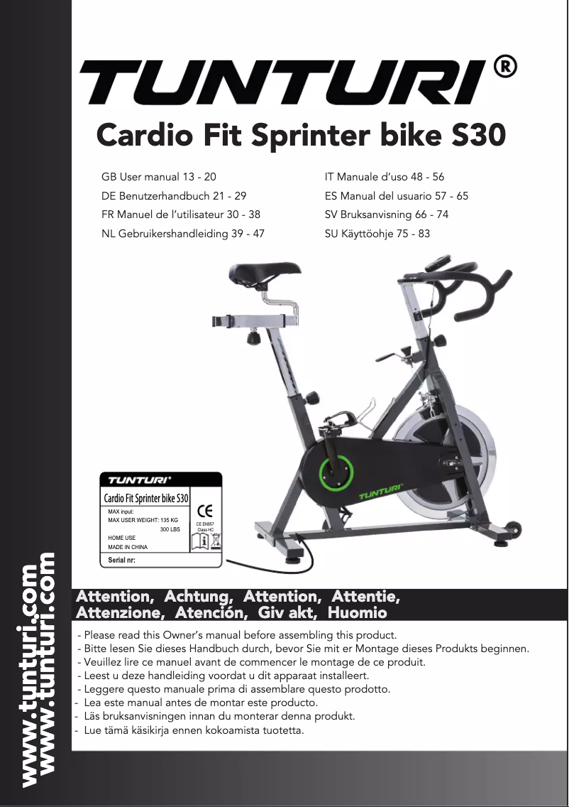 Página 1 del manual Manual de usuario Tunturi Cardio Fit S30