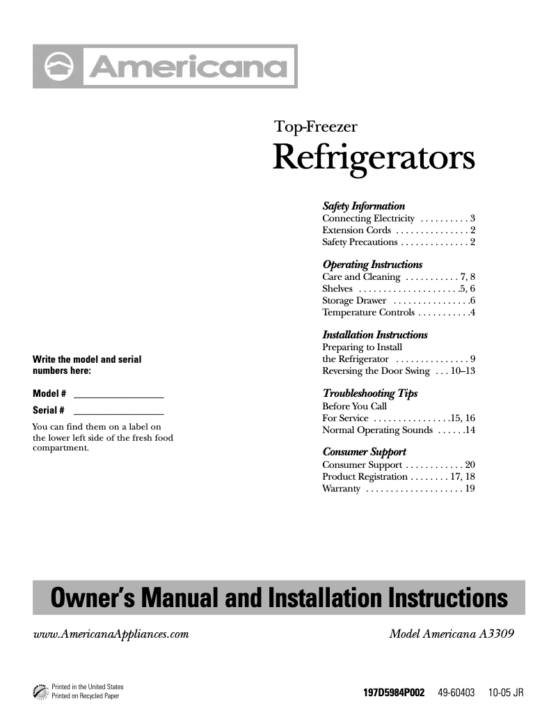 Imagen de la primera página del manual del dispositivo A3309AASWW