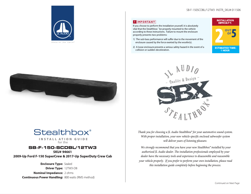 Imagen de la primera página del manual del dispositivo Stealthbox SB-F-150-SCDBL/12TW3/BK