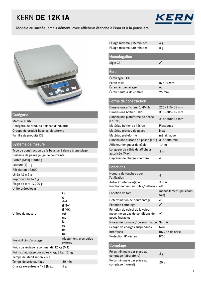 Página 1 del manual Ficha técnica Kern DE 12K1A