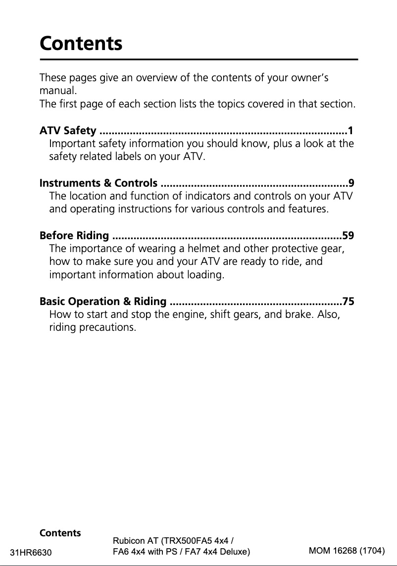 Imagen de la primera página del manual del dispositivo FourTrax Foreman Rubicon TRX500FA5 (2018)