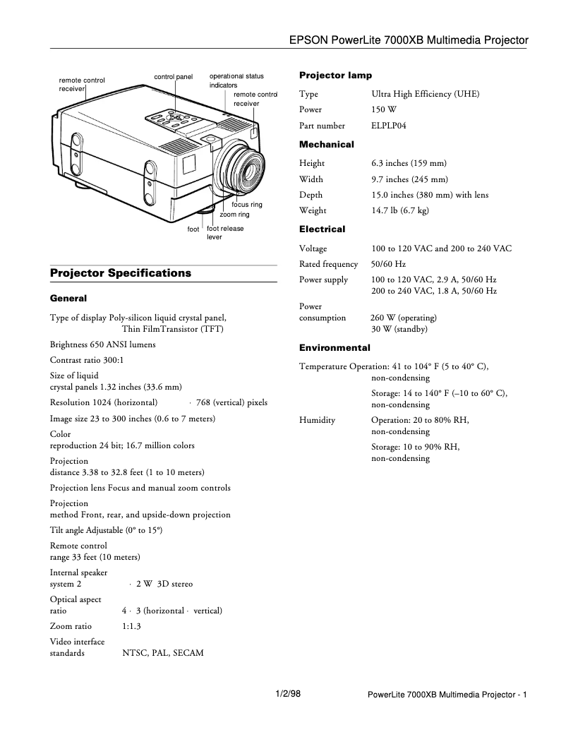 Imagen de la primera página del manual del dispositivo PowerLite 7000XB