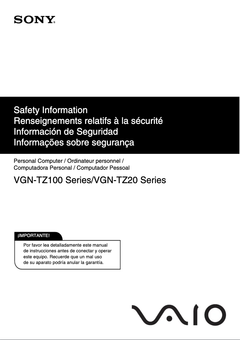 Imagen de la primera página del manual del dispositivo Vaio VGN-TZ198N
