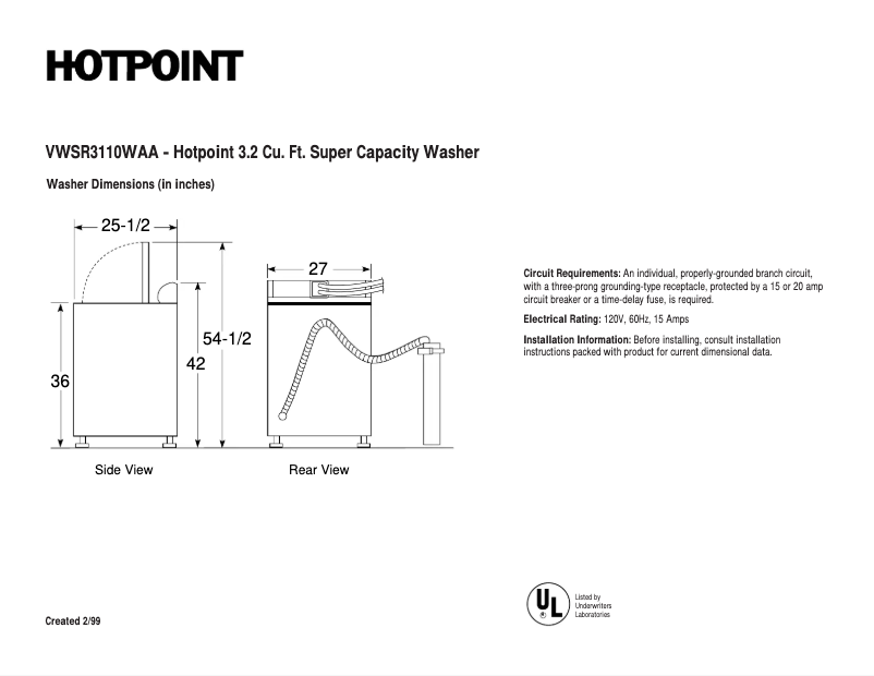 Página 1 del manual Ficha técnica Hotpoint VWSR3110WAA
