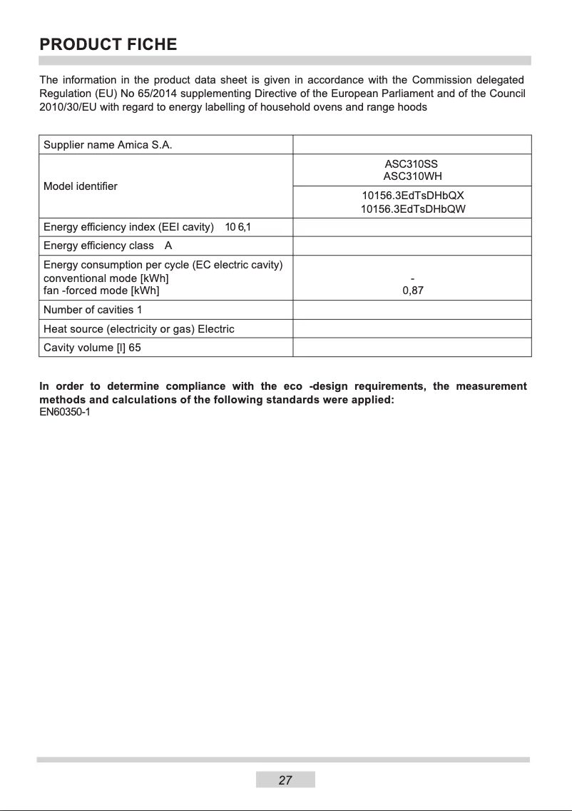 Página nº 1 - Ficha técnica Amica ASC310WH
