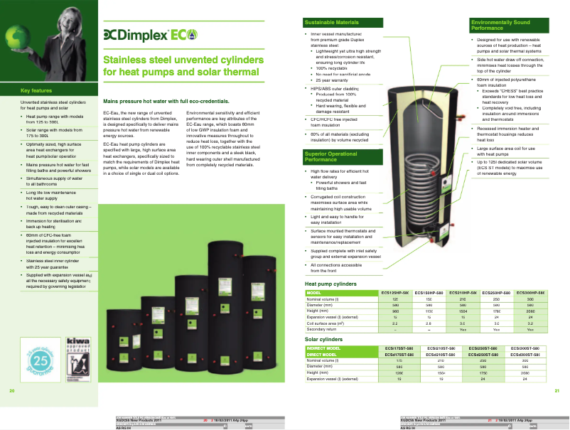 Página 1 del manual Ficha técnica Dimplex ECS210HP-580