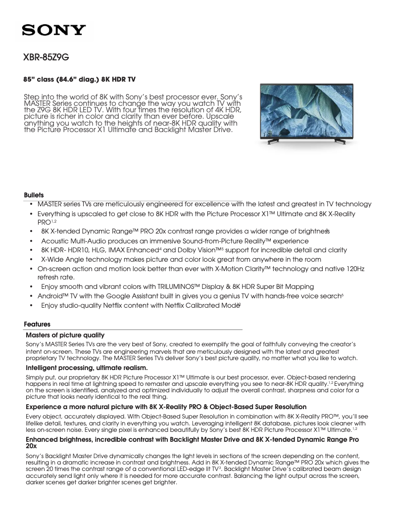 Imagen de la primera página del manual del dispositivo Bravia XBR-85Z9G