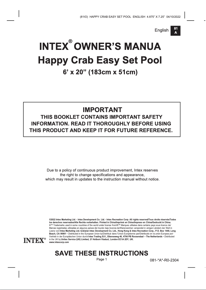 Imagen de la primera página del manual del dispositivo Happy Crab Easy Set Pool