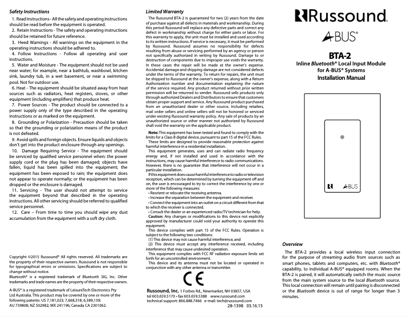 Página 1 del manual Manual de usuario Russound BTA-2
